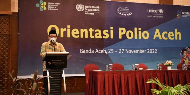 Asisten Pemerintahan dan Keistimewaan Aceh,  M. Jafar, saat memberikan sambutan pada kegiatan Pertemuan Advokasi dan Sosialisasi SUB PIN Polio atau Outbreak Response Immunization (ORI) untuk penanganan kasus lumpuh layu di Aceh. Foto: Dok. Istimewa
