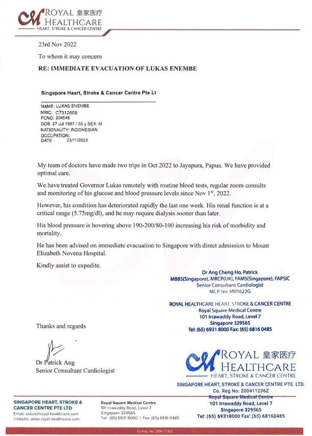Memo kesehatan Lukas Enembe dari Royal Healthcare Heart, Stroke & Cancer Center yang selama ini merawat Gubernur Papua, Lukas Enembe. (Foto THAGP)