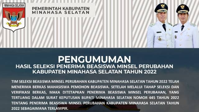 Pengumuman Hasil Seleksi Penerima Beasiswa Minsel Perubahan Kabupaten Minahasa Selatan Tahun 2022