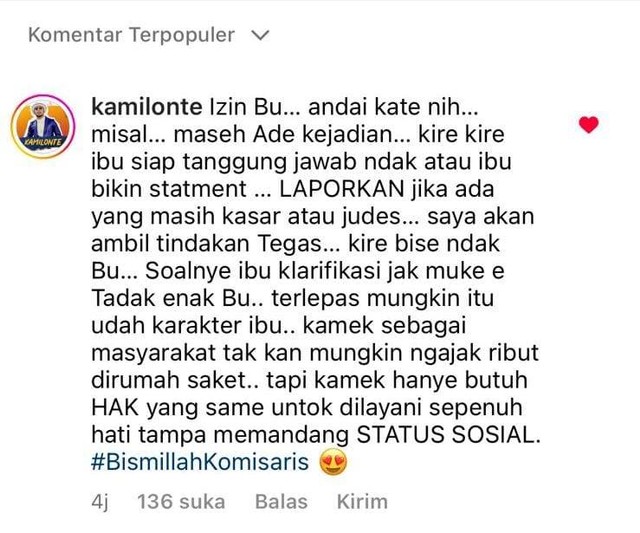 Komentar Kamil Onte soal perawat judes. Foto: Tangkapan Layar Instagram