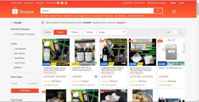 Tangkap layar hasil pencarian 'arsenik' atau 'arsenic' di beberapa toko online. Foto: kumparan