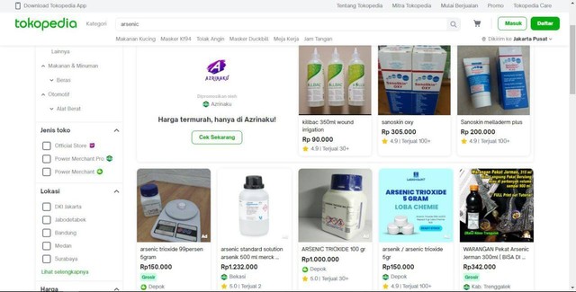 Tangkap layar hasil pencarian 'arsenik' atau 'arsenic' di beberapa toko online. Foto: kumparan