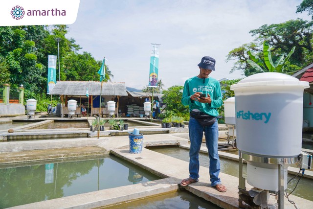 Pembudidaya ikan binaan eFishery menerima permodalan dari startup Amartha untuk meningkatkan produktivitas tambaknya.
