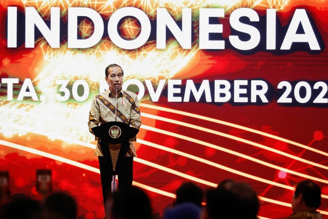 Presiden Jokowi berbicara dalam Pertemuan Tahunan Bank Indonesia 2022 di Jakarta Convention Center, Jakarta, Rabu (30/11/2022). Foto: Willy Kurniawan/REUTERS