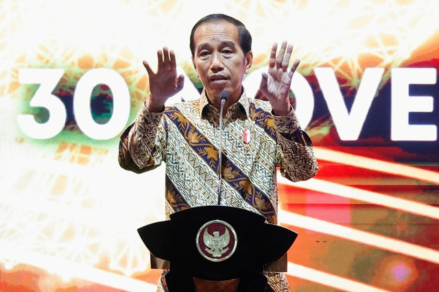 Presiden Jokowi berbicara dalam Pertemuan Tahunan Bank Indonesia 2022 di Jakarta Convention Center, Jakarta, Rabu (30/11/2022). Foto: Willy Kurniawan/REUTERS