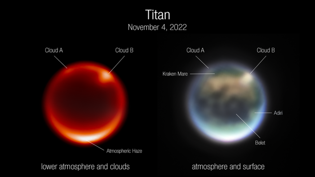 Dua pemandangan Titan bulan Saturnus yang ditangkap oleh instrumen NIRCam James Webb Space Telescope. Foto: NASA