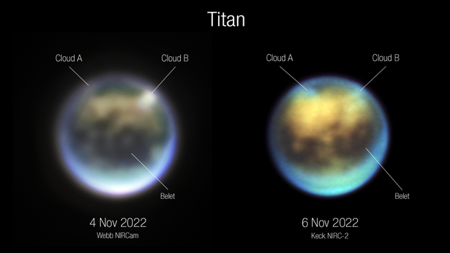 Di sebelah kiri, Teleskop Luar Angkasa James Webb 4 November 2022, mengamati Titan; di sebelah kanan, pemandangan Observatorium Keck dua hari kemudian. Foto: NASA