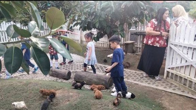 Pengunjung anak-anak tampak memberi makan kelinci di rabbit park, Panbil Nature Reserve. (Foto: Batamnews)