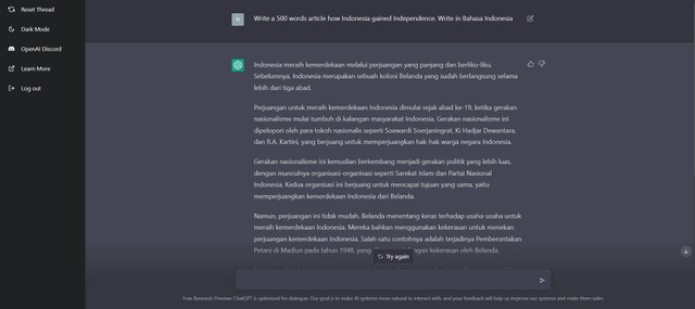 Jawaban ChatGPT ketika ditanya bagaimana Indonesia mendapatkan kemerdekaannya. Foto: Screenshot