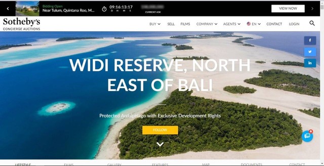Tangkapan layar situs Sothebys Concierge Auctions yang akan melelang Kepulauan Widi di Halmahera Selatan.  Foto: Dok. kumparan