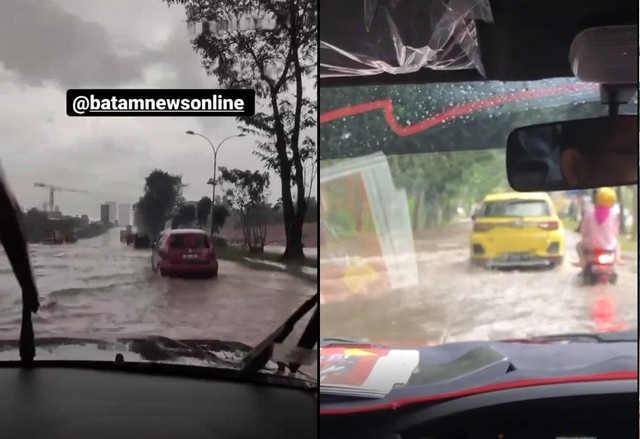 Banjir menggenangi kawasan Simpang Kabil dan Batam Centre pada Senin (5/12/2022) siang. (Foto: tangkapan layar video netizen)