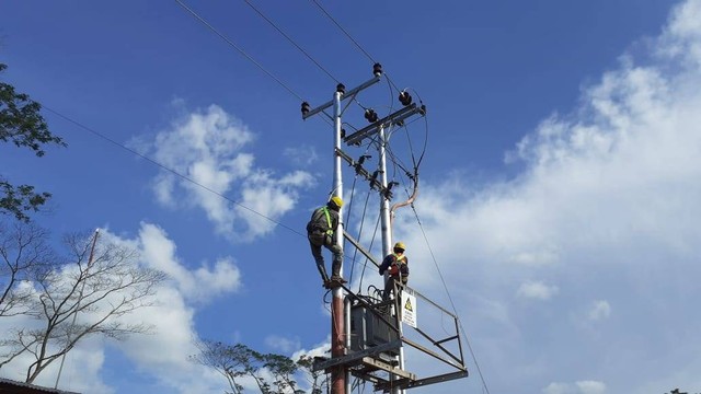 Petugas PLN melakukan perbaikan jaringan listrik. Foto: Dok. PLN Kalbar