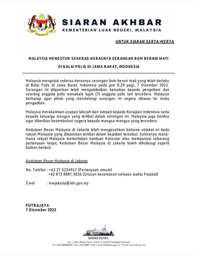 Siaran pers siaran pers Kedutaan Besar Malaysia di Jakarta terkait bom bunuh diri di Polsek Astana Anyar. Foto: Dok. Istimewa