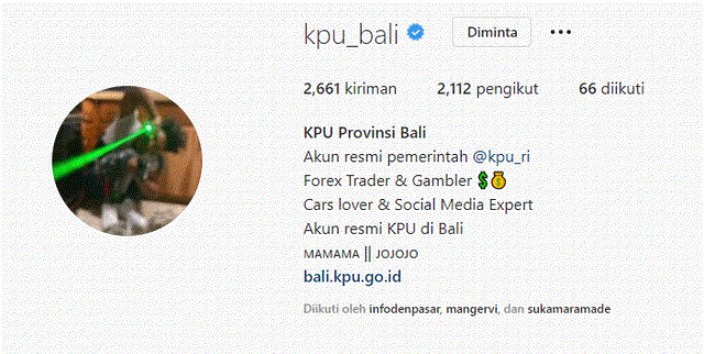 Screenshot akun instagram KPU Bali yang diretas - IST