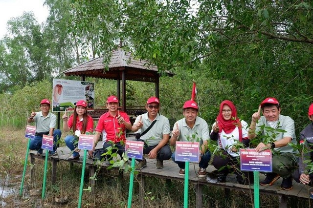 Manajemen Yayasan AHM dan PT Trio Motor bersama Founder Sahabat Bekantan Indonesia (kanan kedua) secara simbolik melakukan penanaman pohon mangrove di Kawasan Stasiun Riset Bekantan-Pulau Curiak, Kabupaten Barito Kuala, Kalimantan Selatan. Foto: Dok. AHM