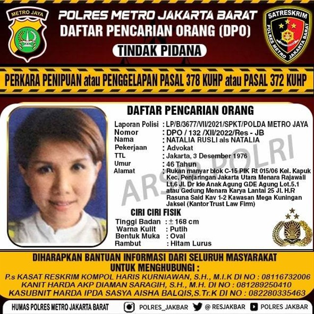 DPO Natalia Rusli kasus penipuan dan penggelapan. Foto: Polres Metro Jakarta Barat