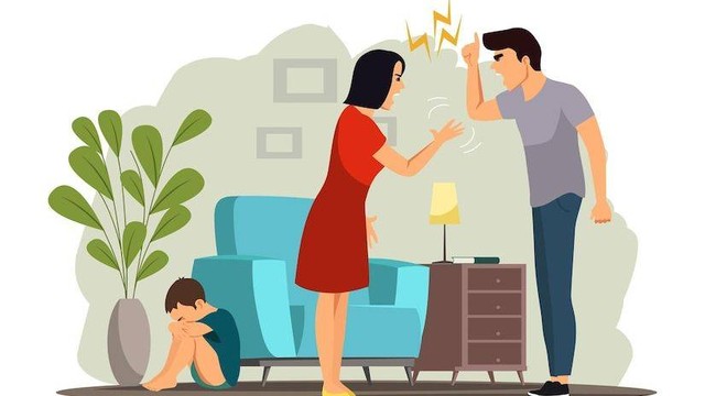 Ilustrasi 1: Sepasang suami-istri yang sedang bertikai dan disaksikan oleh sang anak. (sumber: https://www.freepik.com/premium-vector/angry-people-family-conflict-woman-man-shouting-screaming-yelling-fighting-scared-child-crying-unhappy-marriage-domestic-quarrels-kid-suffering_25872056.htm)