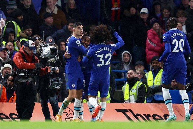 Selebrasi pemain Chelsea Kai Havertz usai mencetak gol ke gawang AFC Bournemouth pada pertandingan lanjutan Liga Inggris di Stamford Bridge, London, Inggris.
 Foto: David Klein/REUTERS