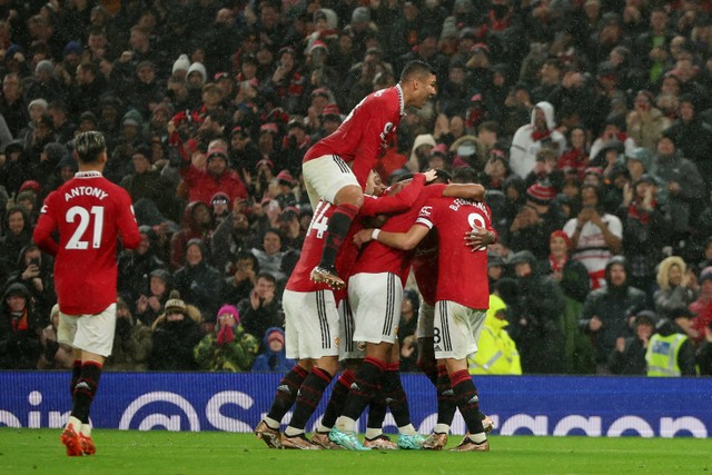 Selebrasi pemain Manchester United usai mencetak gol ke gawang Nottingham Forest pada pertandingan lanjutan Liga Inggris di Old Trafford, Manchester, Inggris.
 Foto: Phil Noble/REUTERS