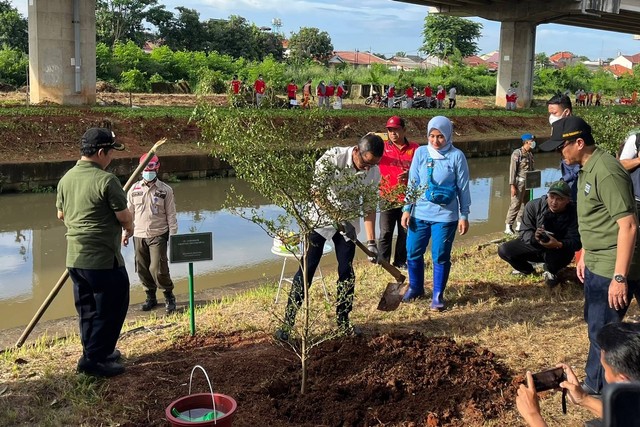 Pj Gubernur DKI Jakarta Heru Budi Hartono menanam pohon di kolong Tol Becakayu, Jakarta Timur, Jumat (6/1). Foto: Haya Syahira/kumparan