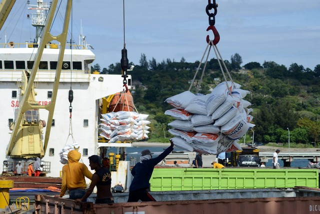 Buruh pelabuhan menurunkan beras impor asal Vietnam dari kapal kargo di Pelabuhan Malahayati, Kabupaten Aceh Besar, Aceh, Kamis (5/1/2023). Foto: ANTARA FOTO/Ampelsa