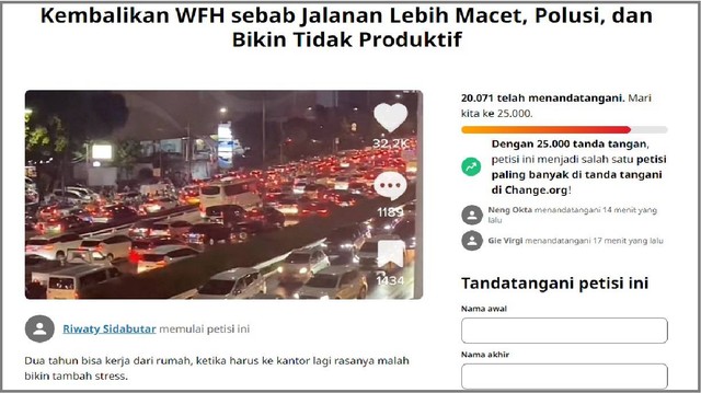 Tangkap layar petisi untuk mengembalikan kebijakan WFH di Jakarta sudah ditanda tangani 20.000 orang lebih. Foto: Tangkap layar change.org