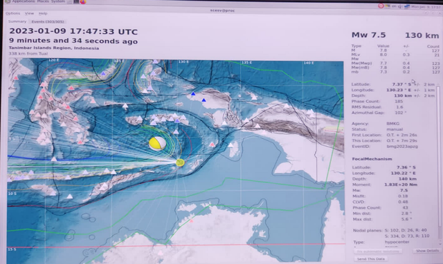 Gempa M 7,5 di Laut Banda, Maluku, Selasa (10/1/2023). Foto: Twitter/@DaryonoBMKG