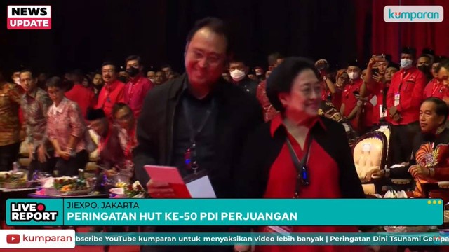 Ketua Umum PDIP Megawati Soekarnoputri bersiap memberikan pidato di HUT ke-50 PDIP di JI Expo Kemayoran, Jakarta pada Selasa (10/1). Foto: kumparan