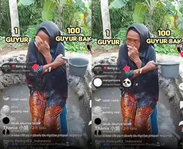 Tayangan langsung di TikTok yang menampilkan seseorang mandi di kubangan air bercampur lumpur. Foto: Tangkapan layar