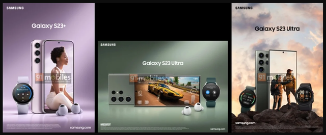 Wujud Samsung Galaxy S23+ dan Galaxy S23 Ultra terlihat dalam sebuah gambar yang diduga adalah materi promosi dari Samsung. Foto: SamMobile