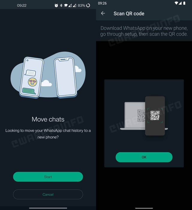 Tangkapan layar dari fitur terbaru Whatsapp yaitu transfer chat dari satu smarphone ke smartphone lainnya (WABetaInfo)