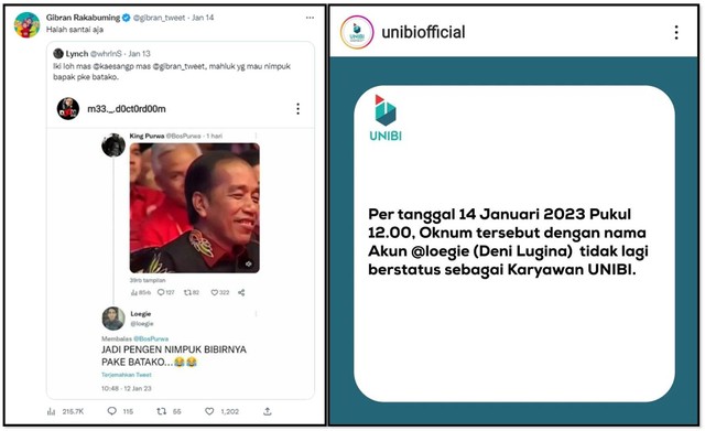 Tangkapan layar komentar terhadap foto Jokowi oleh karyawan kampus Unibi. Foto: Dok. Istimewa