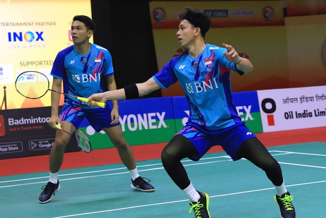 Ganda putra Indonesia, Fajar Alfian/Rian Ardianto, di babak 16 besar India Open 2023 di K. D. Jadhav Indoor Hall, New Delhi, India, Kamis (19/1/2023). Foto: Dok. PBSI