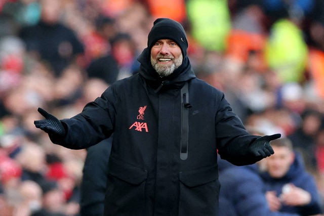 Manajer Liverpool Juergen Klopp pada pertandingan Liverpool vs Chelsea di Stadion Anfield, Liverpool, Inggris, Sabtu (21/1/2023). Foto: Phil Noble/REUTERS