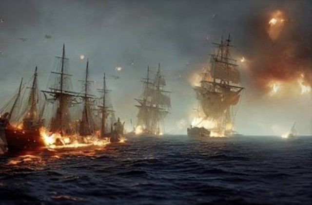 Pertempuran laut, sumber : https://www.shutterstock.com/id/image-illustration/16thcentury-sea-battle-sailing-ships-galleons-2213704563