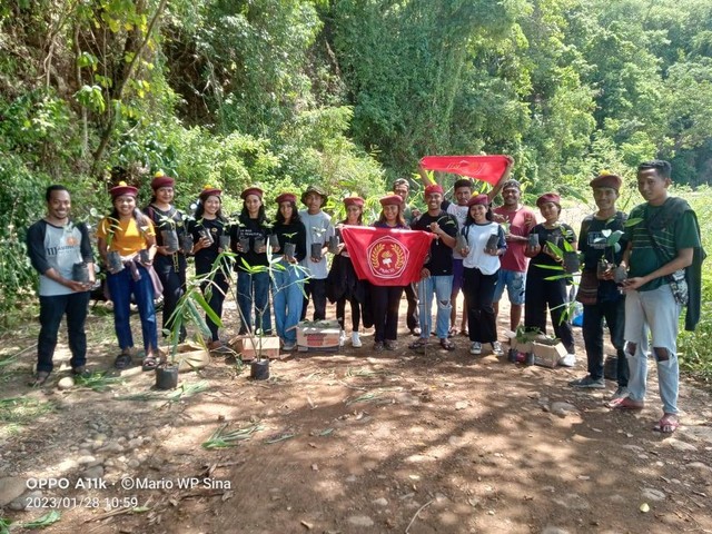 Keterangan foto: pose bersama aktivis PMKRI Maumere dan alumni sebelum melakukan kegiatan penanaman di Bendungan Wairita, Sabtu (28/1/2023) pagi. Foto: istimewa.