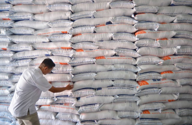Petugas mengecek karung berisi beras impor di Gudang Bulog Divre Sumatera Barat, di Padang, Selasa (31/1/2023). Foto: ANTARA FOTO/Iggoy el Fitra