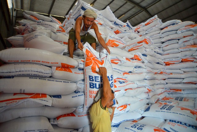 Pekerja memindahkan karung berisi beras impor di Gudang Bulog Divre Sumatera Barat, di Padang, Selasa (31/1/2023). Foto: ANTARA FOTO/Iggoy el Fitra