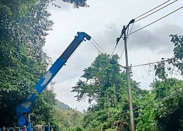 Petugas memperbaiki jaringan listrik yang berada di kawasan tanjakan Cot Meurong akibat longsor dan pohon tumbang. Foto: Dok. Istimewa