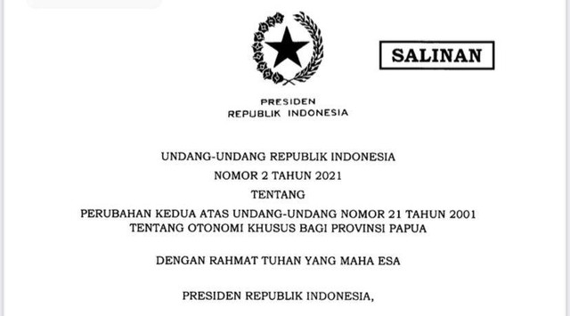 UU No. 2 Tahun 2021 tentang Perubahan Kedua atas Undang-Undang Nomor 21 Tahun 2001 tentang Otonomi Khusus bagi Provinsi Papua. Sumber : BPK