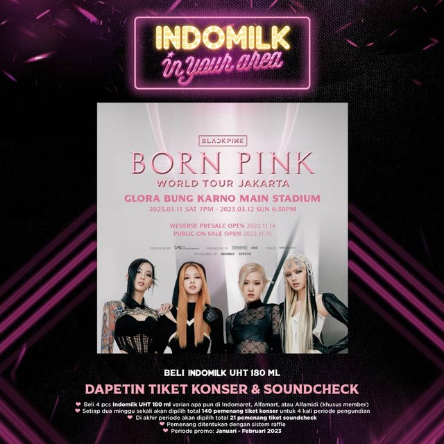 Beli Indomil-K Korean Black Latte dan Indomil-K Korean Pink Blossom, dapatkan tiket soundcheck dan konser BLACKPINK. Foto: Indomilk