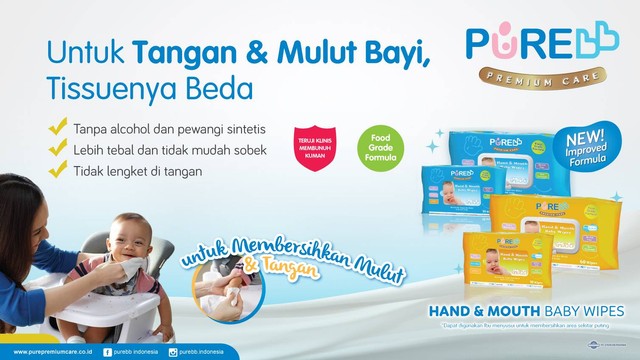PUREBB Hand and Mouth Baby Wipes merupakan tisu basah yang memang diperuntukan untuk bayi dengan tingkat kebasahan yang pas, serta lebih tebal dan lembut. Foto: PUREBB