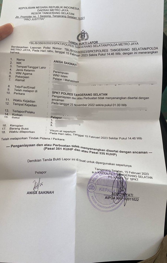 Surat laporan kasus kekerasan mahasiswa UPH. Foto: Dok. Istimewa