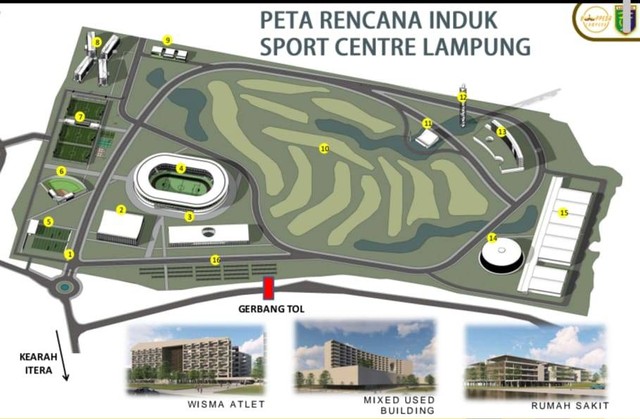 Sejumlah fasilitas akan dibangun di kawasan sport center Lampung, mulai dari Stadion Utama, fasilitas olahraga lain, Convention Hall hingga hotel dan mall. | Foto : Masterplan Bappeda Provinsi Lampung