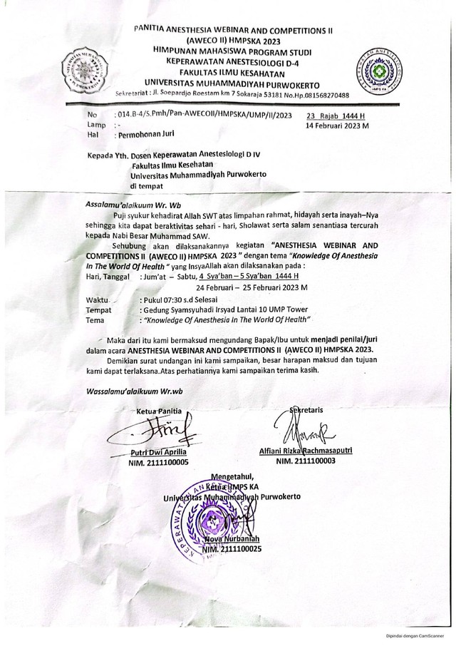 Surat Undangan permintaan menjadi juri Poster dan Video AWECO 2 HMPS Anestesi UMP Purwokerto/Foto : Dokpri