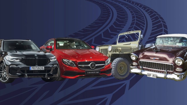 Mobil BMW X5, Jeep Willys , Mercedes E400, dan Chevrolet Bell Air. Foto: Shutterstock