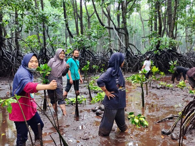 Foto anak-anak muda tengah menanam mangrvoe. Sumber: Dokumentasi pribadi