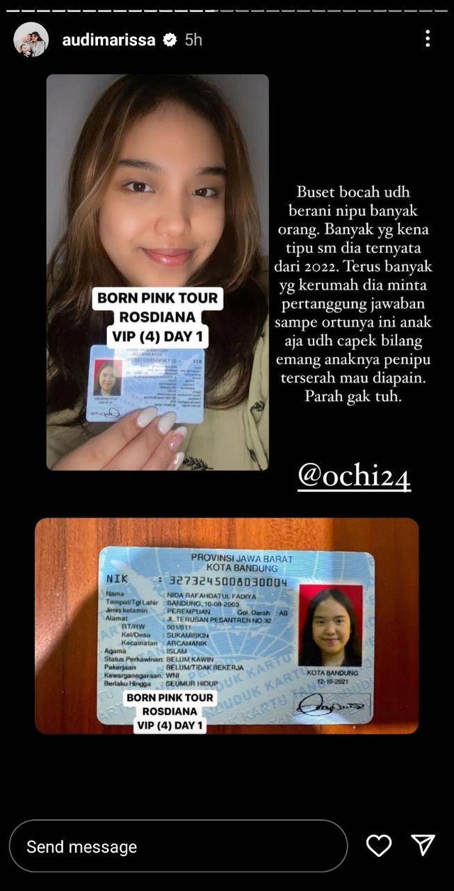 Audi Marissa ditipu penjual tiket konser Blackpink. Foto: Instagram Audi Marissa