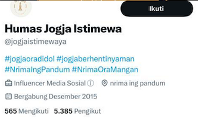 Tangkapan layar profil akun Twitter Humas Jogja Istimewa @jogjaistimewaya. Foto: Istimewa