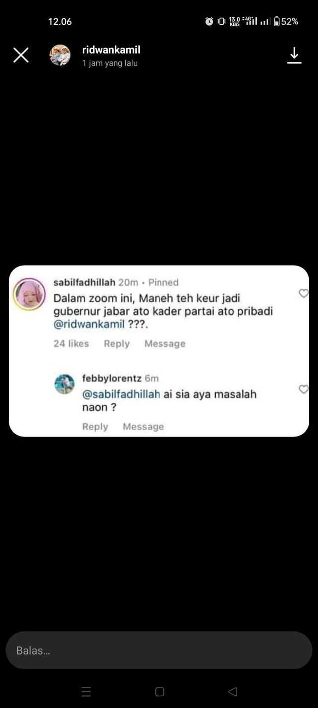 Komentar Sabil di akun Instagram Ridwan Kamil. Foto: Dok. Istimewa